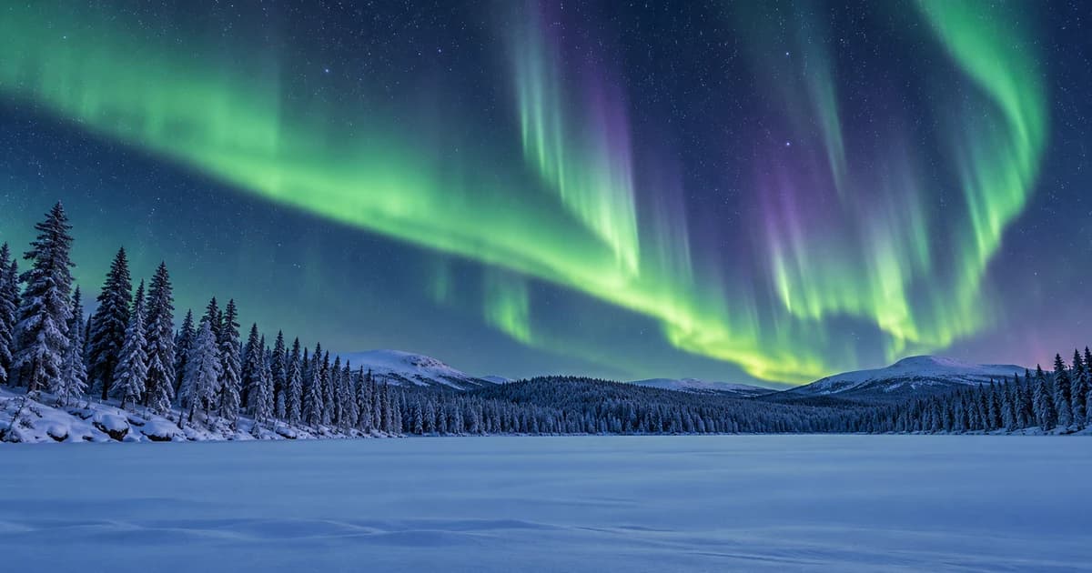 Illustration of green northern lights over a snowy Arctic forest