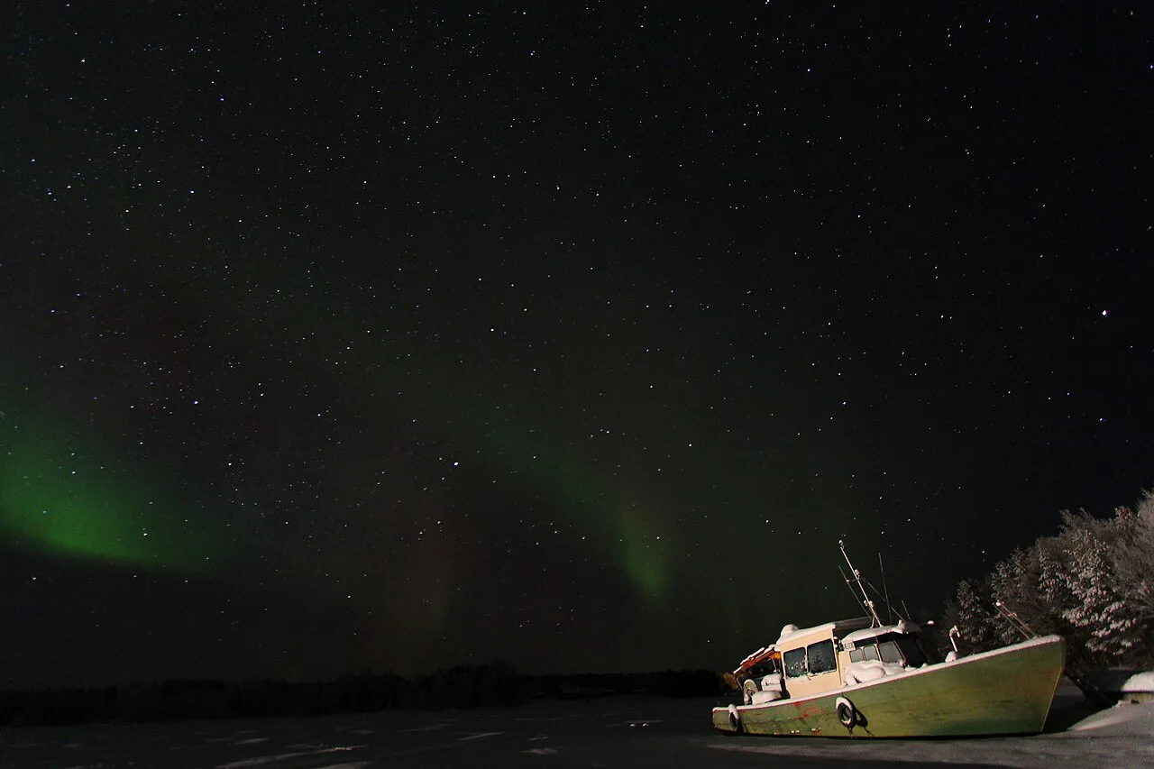 Aurora Borealis, stars, and a ship, Inari