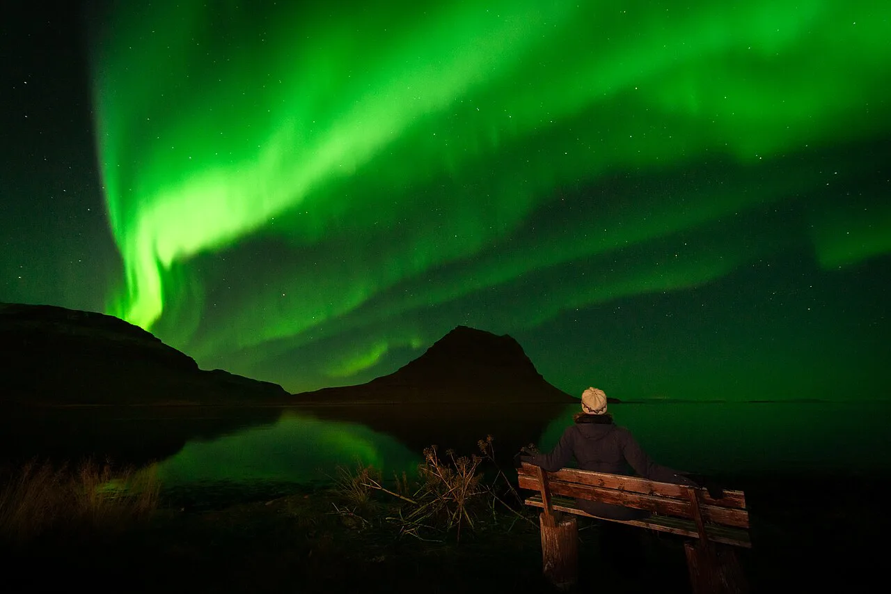 Northern Lights over Kirkjufell seen from Grundarfjörður, Iceland