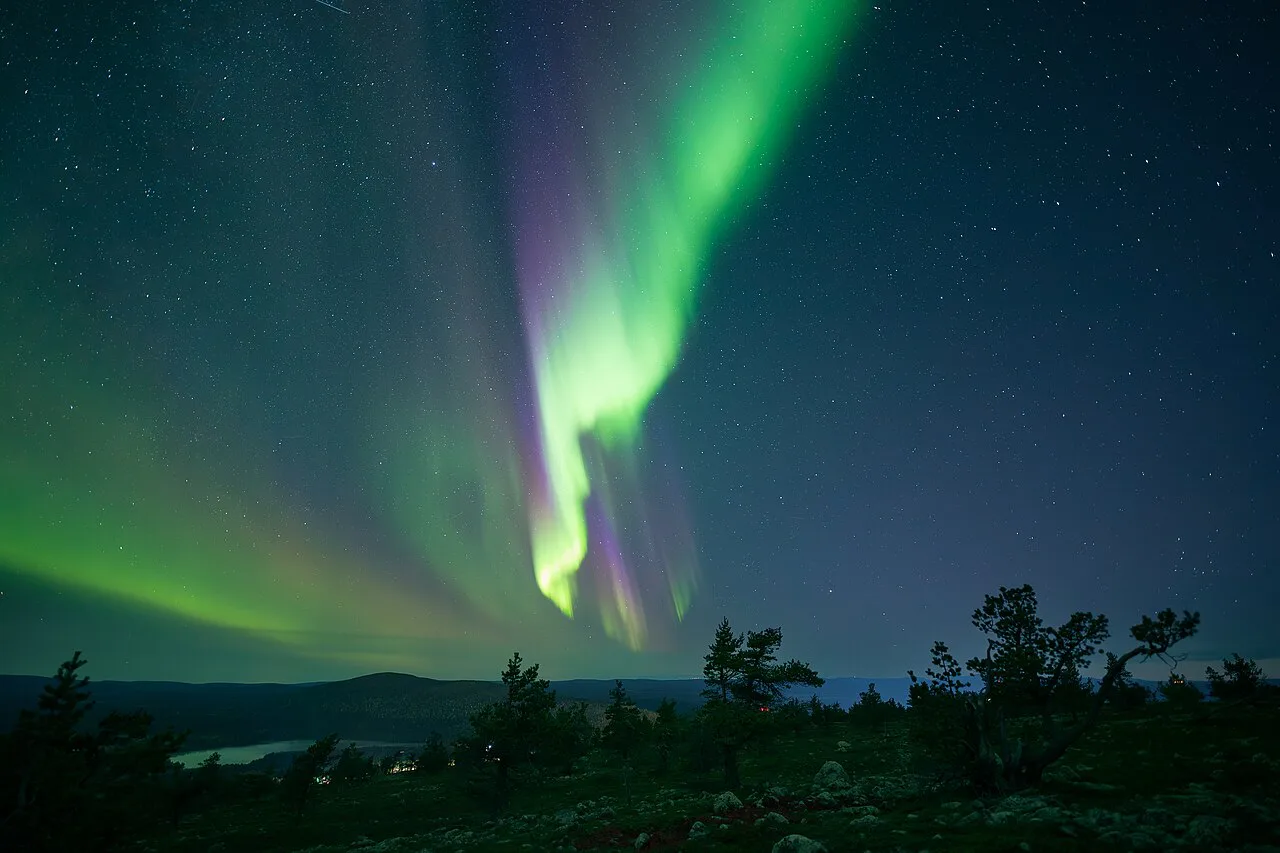 Green aurora curtain over Levi, Kittilä, Lapland, Finland, September