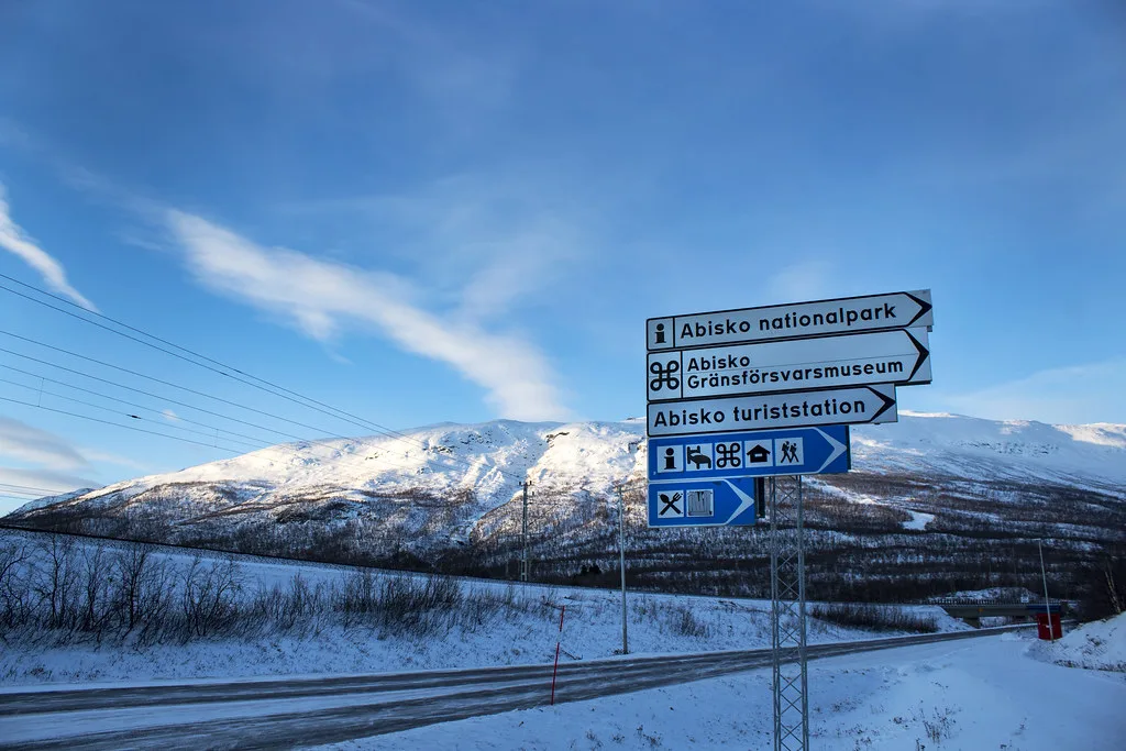 Traffic signs by the highway, Swedish Lapland